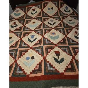 Vintage Feed Sack Hand Pieced Beautiful Log Cabin Flower Pattern Quilt 80x80 in